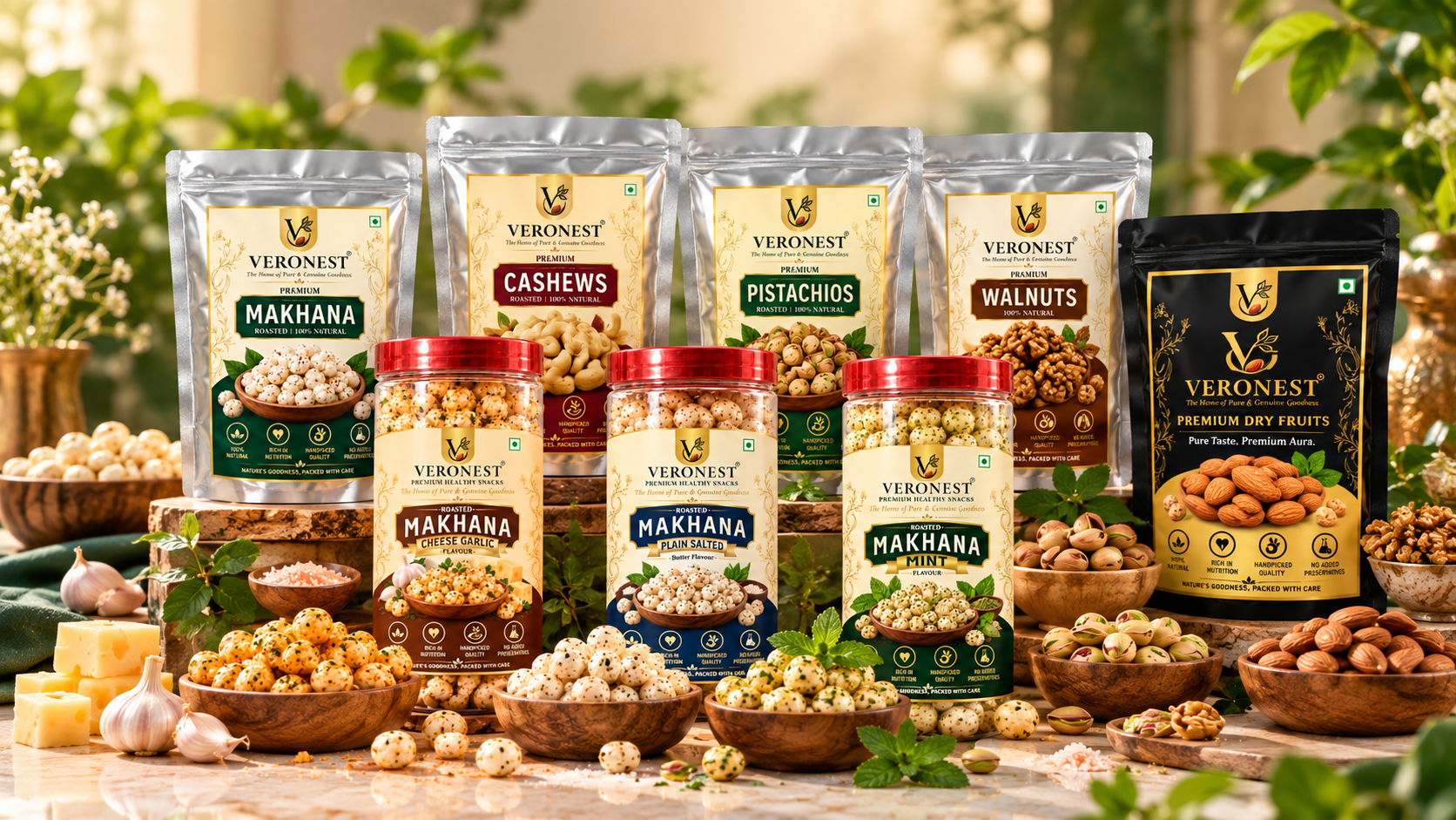 VERONEST Premium Snacks Showcase with makhana jars and premium dry fruits